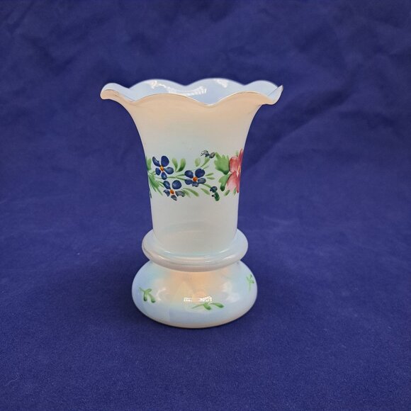 Hand Blown Ruffled Opal Glass Vase Floral Design - Picture 1 of 12